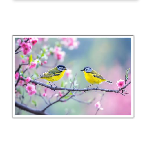 Lienzo rosa en flor de pájaros primaverales, arte mural de alta definición 25x40cm