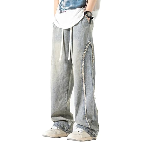 Men’s Baggy Jeans Loose Fit Hip Hop Denim Skate Pants Elastic Waist Distressed Straight Leg Casual Trousers