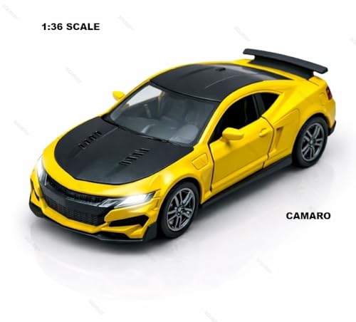 Image of Chevrolet Camaro Toy Car 1:36 Scale Diecast Metal Pull Back Vehicle with Openable Doors, Lights & Music - Sports Model for Kids, Boys & Collectors (Yellow)