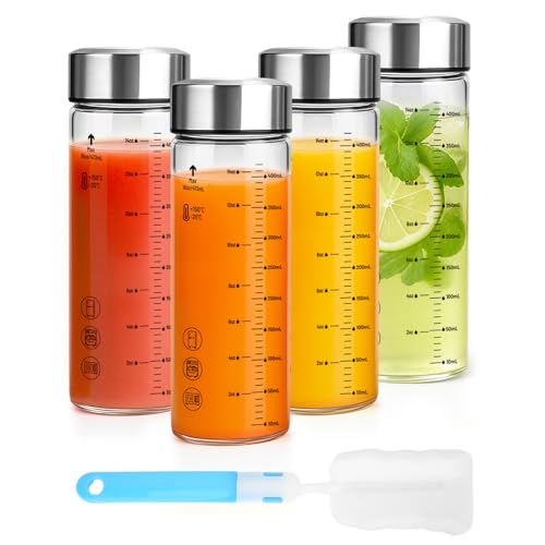 Image of Luxfuel 16 oz Glass Juice Bottles with Lids, 4 Pack Wide Mouth Borosilicate Glass Bottles with Stainless Steel Lids, Heat-Resistant, Leakproof & Reusable for Juicing, Smoothies, Milk, Water, BPA-Free