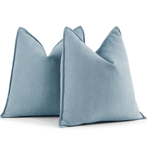 ZWJD Throw Blue Pillow Covers 16x16 Set of 2 Chenille Pillow Covers with Elegant Design Soft and Luxurious Decorative Throw Pillows for Couch, Bed, and Home Decor,Light Blue