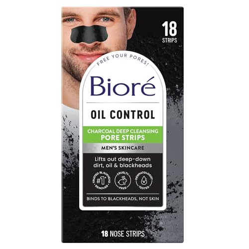 Bioré Men’s Oil Control Charcoal Deep Cleansing Pore Strips, Blackhead Strips With Charcoal for Men, Blackhead Remover Strips For All Skin Types, Pore Strips for Blackheads, 18 Count
