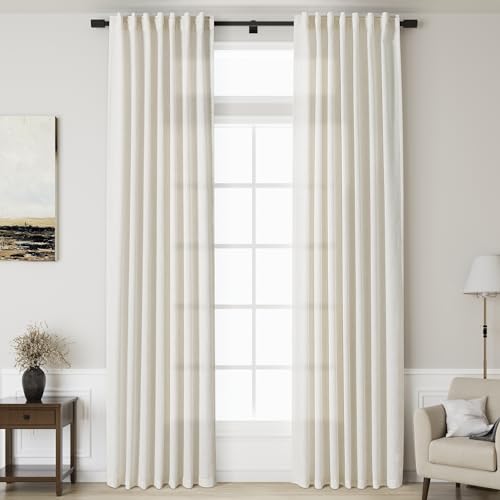 Image of 132 inch Curtains Extra Long 2 Panels Set Back Tab Neutral Farmhouse Drapes Light Filtering Semi Sheer Linen Curtain 132 inch Length for Floor to Ceiling Window Patio Sliding Door Ivory Cream 11ft