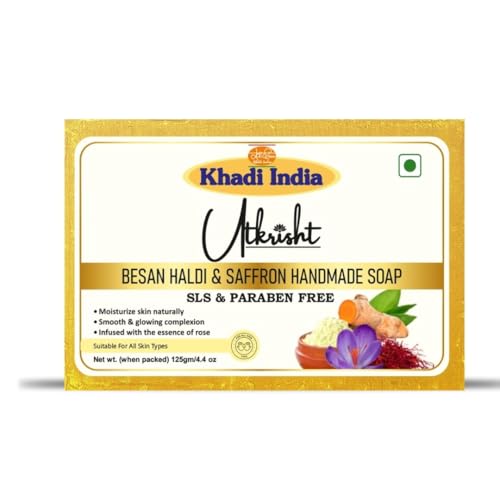 Image of Khadi Besan Haldi & Saffron Handmade Bathing Soap Bar 125g | Natural & Herbal | Moisturizing, Glowing & Brightening Skin | For Acne & Pimples | All Skin Types | For Men & Women