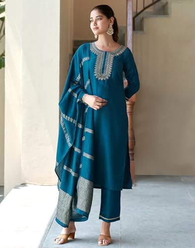 Image of SIRIL Women's Cotton Blend Embroidery Straight Kurta Pant with Dupatta Set