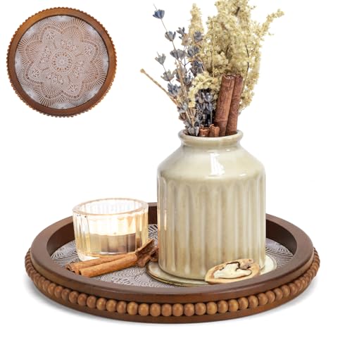 OT-NVWOZR Rund Holztablett Deko Tablett, Holz Serviertablett Dekotablett Kerzentablett, Rustikal Braun Tischdeko Boho Deko Vintage Dekoration für Kaffee Küche Zähler Tisch Couchtisch 30cm
