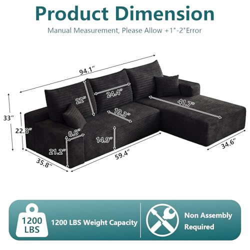 Image of 95 inch Modular Sectional Couch, Boneless L Shaped Cloud Sofa with Chaise Lounge, Corduroy Upholstered Couches Memory Foam Deep Seat, No Assembly Required, Ideal for Living Room(Black, Right Facing)