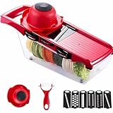 Cortador de Legumes Multifuncional com 6 Lâminas, Fatiador e Ralador com Recipiente e Tampa, Inclui Descascador – Cortador de Verduras Manual (Vermelho)