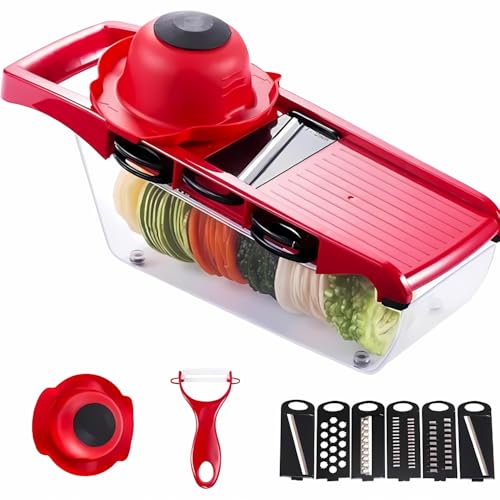 Cortador de Legumes Multifuncional com 6 Lâminas, Fatiador e Ralador com Recipiente e Tampa, Inclui Descascador – Cortador de Verduras Manual (Vermelho)