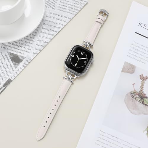 Image of Leather Band Compatible with Apple Watch Bands for Women, Dressy Fancy Strap for iWatch Series 11 /10 /9 /8 /7 /6 /5 /4 /3 /2 /1 /se /Ultra /Ultra 2(49mm 46mm 45mm 44mm 42mm,Starlight /Silver)