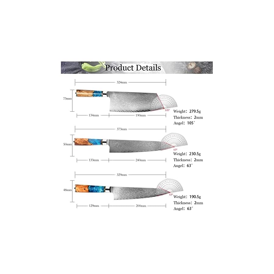 Kitchen Knife Sets, 9PCS Kitchen Knives Set Damascus Steel VG10 Chef Knife set Cleaver Paring Bread Knife Blue Resin and Color Wood Handle, MAYiT2855