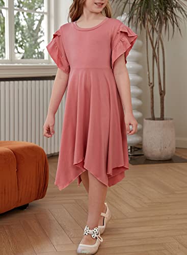 Eytino Girls Maxi Dress Casual Ruffle Short Sleeves Crew Neck Irregular Hem Loose Long Dress,6-7Y Pink #TOP3