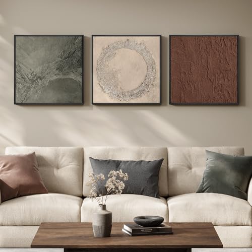 Large Framed Neutral Abstract Wall Art for Living Room, 3 Piece Modern Brown Beige Gray Canvas Wall Art Prints, Minimalist Earth Tone Artwork for Walls Bedroom Office Stair Wall Decor, 24x24 Inch