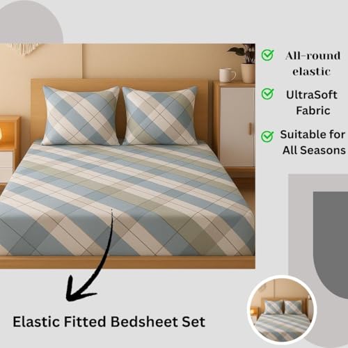 Image of 400 TC Cotton Like Elastic Fitted Bedsheet Set King Size Double Bed || Includes 1 Elastic Bedsheet King Size & 2 Pillow Covers (78 inch x 72 inch inch, Tokyo)