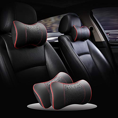 Haotule Car Leather Neck Pillows, Neck Rest Cushions,100% Memory Foam Cervical Support, Comfortable Travel Car Seats And Home Office Soft Pillows, Red A Set (2 Pcs) #TOP1