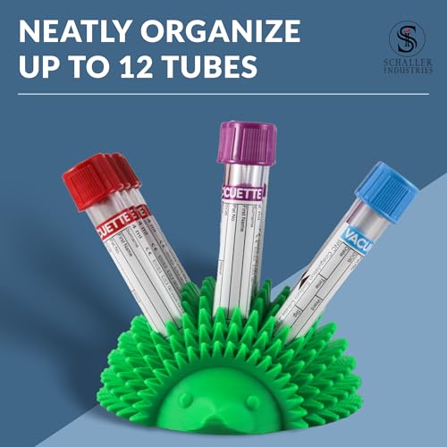 Image of S I Schaller Industries Hedgehog Test Tube Holder, 13mm - Veterinary Blood Test Tube Rack, Holds 12 Vials, Compact Fun Design Organizer for Veterinary and Research Lab Use - Green