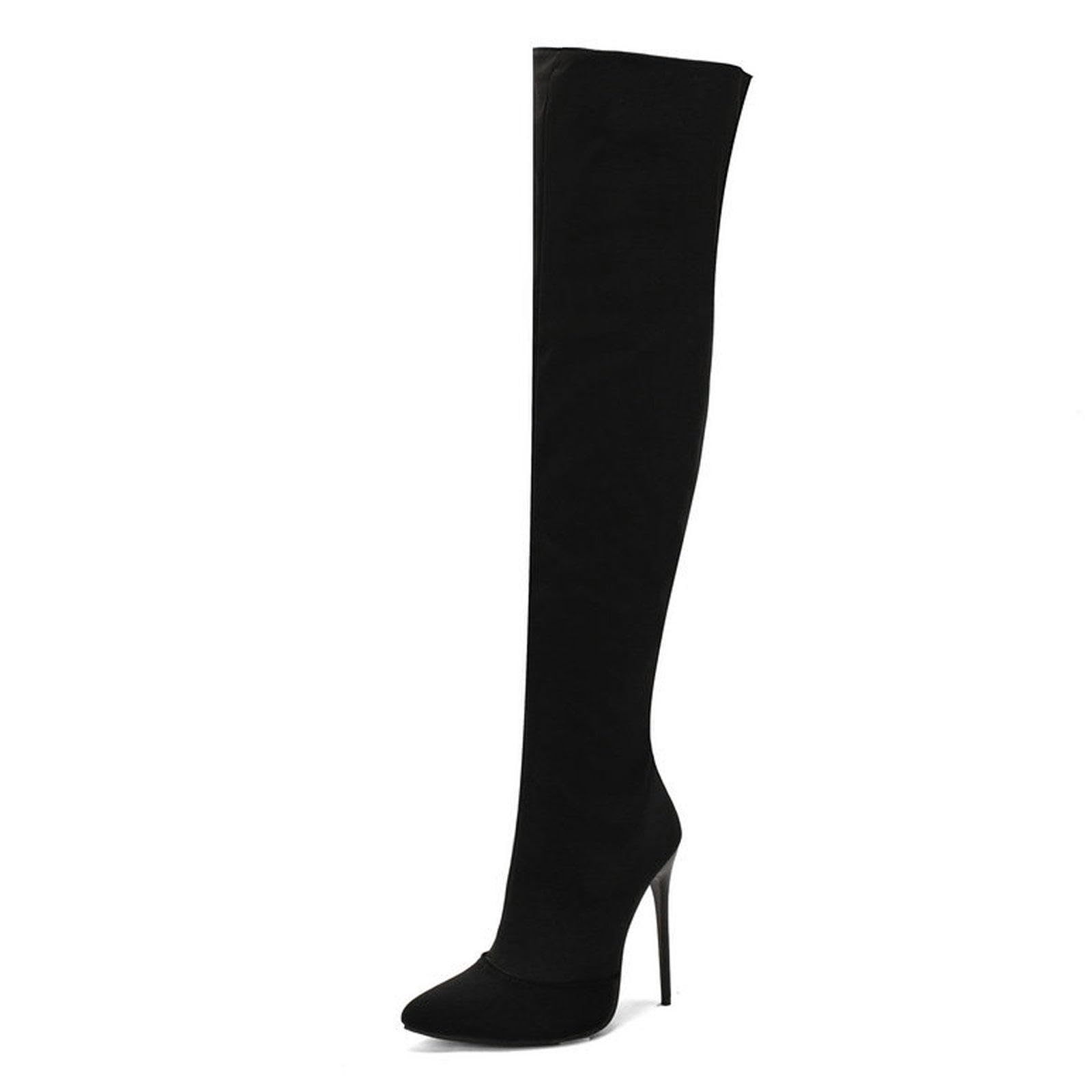 Talons Hauts Bottes Au Dessus Du Genou Femmes Bout Pointu Talon Aiguille Fermeture Éclair Bottes Hautes Daim Chaussures Soirée 12cm,Black-47