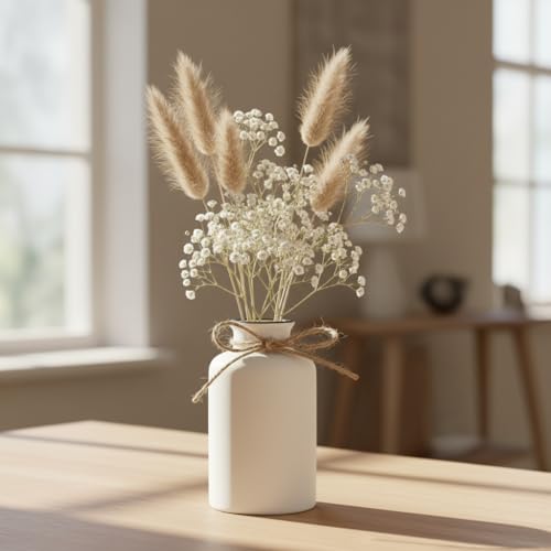 Image of PUREZENTO White Vintage Roman Bottle Vase - 4.9 Inch (Pack of 1) | Decorative Bottle Shape Vase with Twine Bow for Rustic, Farmhouse & Home Decor | Vases for Living Room, Dining Table & Office Styling