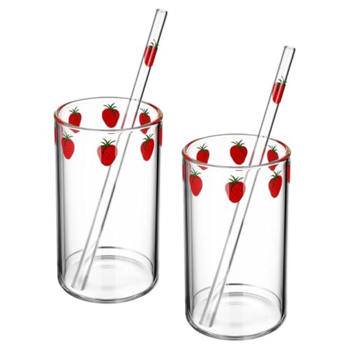MAGICLULU Strawberry Printed Milk Cup Set of 2 with Straws 4.33Oz Clear Glass Juice Cups for Milk Tea Smoothies Cold Drinks Indoor Use