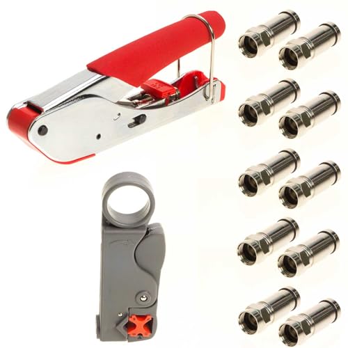 RG6 Coaxial Wire Stripper Crimper Tool Set Kit, Connectors, Tool, Rotary Stripper (20 Connectors)
