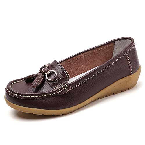 Image of Women Loafers Leather Rubber Sole Slip On Walking Flats Casual Moccasin Boat Shoes