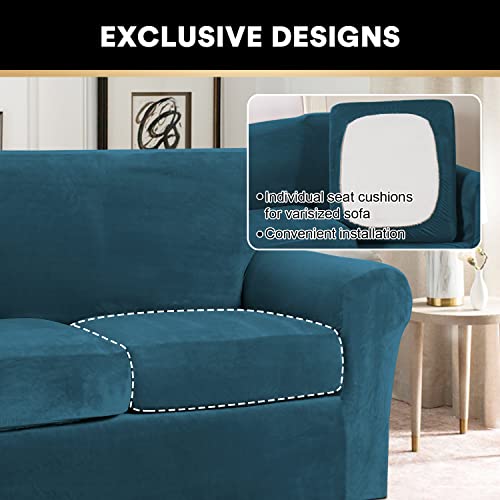 4 Pieces Sofa Covers Stretch Velvet Couch Covers For 3 Cushion Sofa Slipcovers Soft Sofa Slip Covers Furniture Covers With 3 Individual Seat Cushion Covers, Machine Washable (Large, Deep Teal) #TOP4
