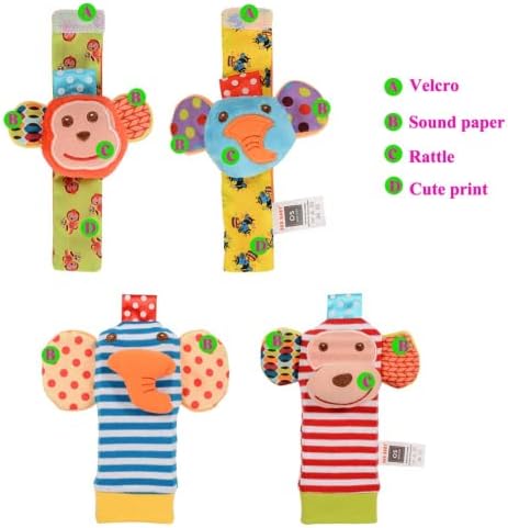 ThinkMax 4Pcs Baby Wrist & Socks RattleBabysoft Rattle for Newborn, Cute Footfinder & Hand Strip Early Educational Sensory Toys