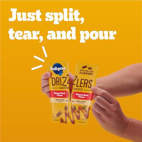 Image of Pedigree Drizzlers Savory Sauce Wet Dog Pouch, Beef Flavor, 22 Count | 4 cal /serving, only 8 ingredients, dual-serving split pouch, 44 servings, no artificial flavors, maintains kibble crunch