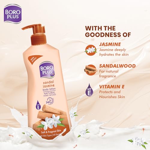 Image of BoroPlus Sandal & Jasmine Body Lotion | Natural Herbs Infused | 24 hrs Moisturisation | For Soft & Fragrant Skin | All Seasons|All Skin Types|No Added Parabens|400ml