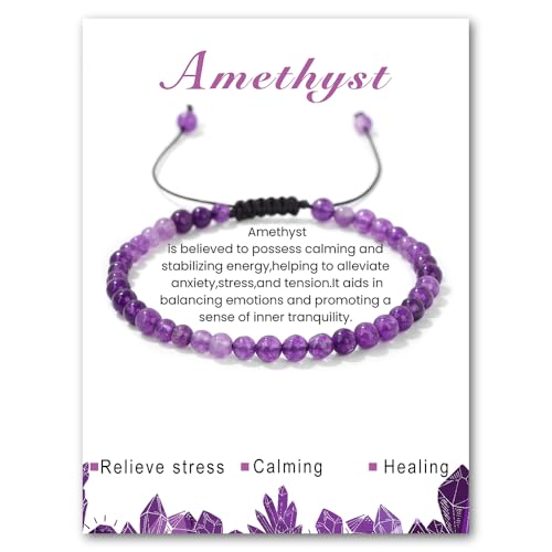LOCCY Bracelet Pierres Naturelles Femme, 4mm Bracelet Réglable Pierre Naturelle Bracelets Perle Bracelets Yoga pour Femmes pour Cadeaux d'Anniversaire, Noël, Saint-Valentin (Améthyste)