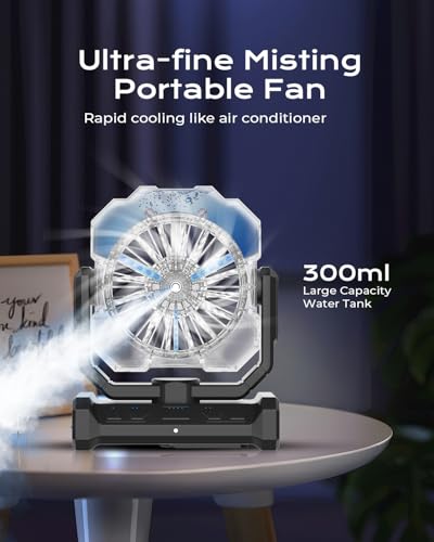 RAZZMA Portable Fan with Misting & 24000mAh Battery - 80H Runtime, 7μm 16ft Mist, Ultra Quiet 4-Speed Camping Fan for Outdoor Indoor, Remote & 300mL Tank-Yellow