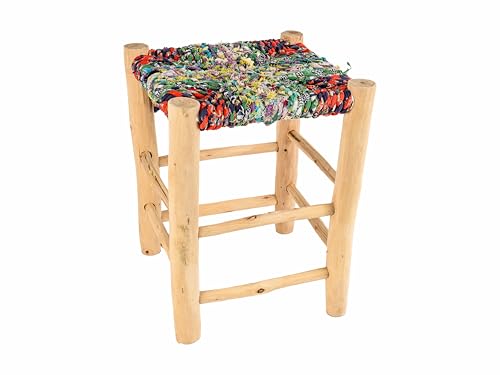 ZocoChic Tabouret marocain artisanal, assise multicolore, structure en bois, 40 x 30 x 30 cm