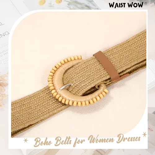 Image of Straw Woven Elastic Belt for Women Stretchy Belts for Dress Fashion Boho Waist Belt Rattan Raffia Ladies Belts