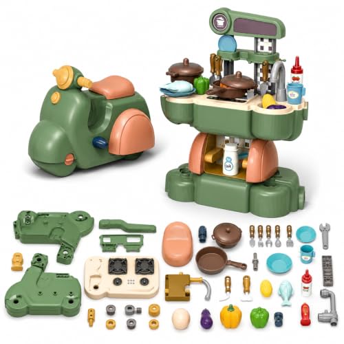 Image of 2-in-1 Kids Kitchen Playset & Ride-On Motorcycle, 45 PCS Toy Set