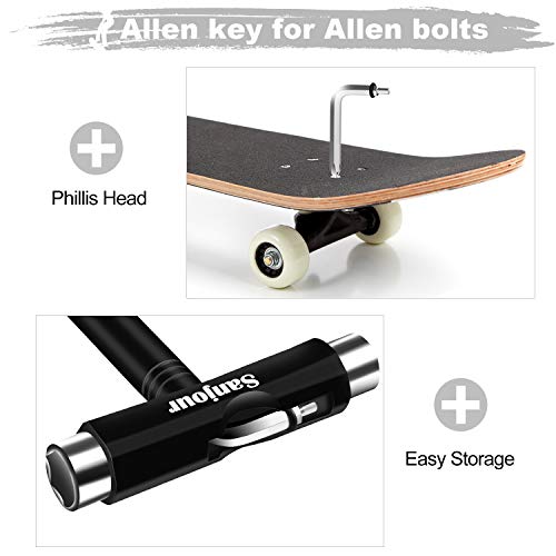 Sanjour All-in-One Skate Tools Mult i-Function Portable Skateboard T Tool Kit Accessory with T-Type Allen Key and L-Type Phillips Head Screwdriver Compatible for Roller Skates/Skateboard-2 Packs