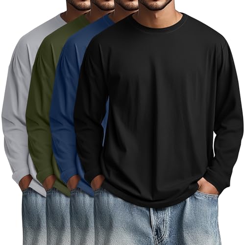 Image of August Alley 4 Pack Men's Big and Tall Cotton Shirts L-7XL, Long Sleeve Oversized Tops Loose Casual Large T-Shirts Basic Tee