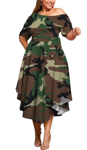 Image of Plus Size Women Wedding Guest Dress Off Shoulder Boat Neck Irregularly Flowy Midi Church Dress