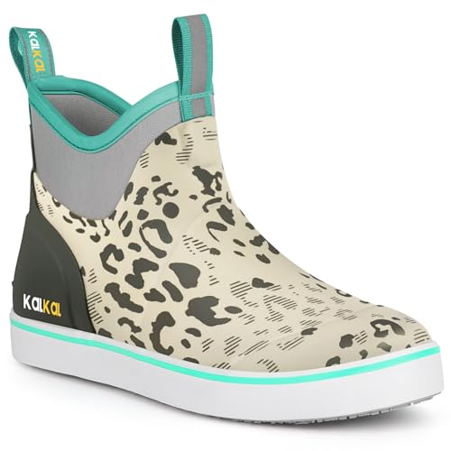 Kalkal Women's Deck Boots, Waterproof Ankle Rain Boots Fishing Boots with High Traction, Women's Rubber Boots For Gardening Fishing Boating Camping(Leopard Ivory,Size9)