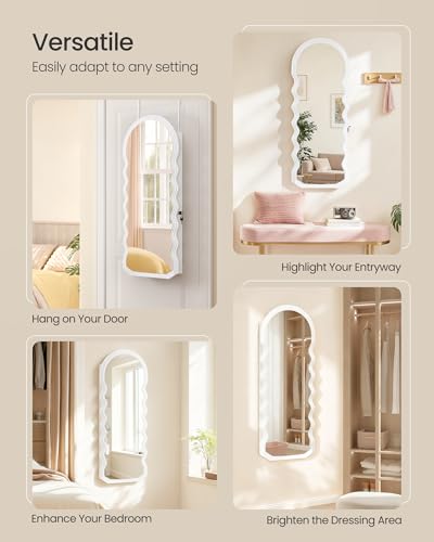Image of SONGMICS Mirror Jewelry Cabinet Wall Mounted Over the Door, Hanging LED Jewelry Organizer, Lockable Wavy Wide Mirror with Storage, Interior Lights, 3.9 x 16.5 x 42.5 Inches, White UJJC031W01