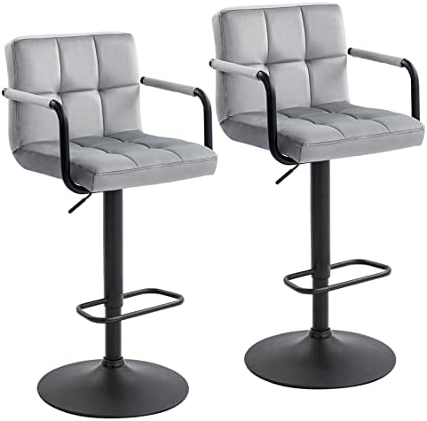 Furnimart Adjustable Bar Stool Swivel Barstools Set of 2 Counter Stools with Armrest and Footrest Upholstered Bar Chairs for Kitchen and Dining Room (Velvet-Grey)