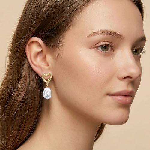 Baroque Pearl Earrings for Women 925 Sterling Silver Post 14K Gold Plated Heart Teardrop Design Dangle Freshwater Cultured Baroque Pearl Earring Hypoallergenic Wedding Birthday Gift for Mom Girlfriend (Type1-Heart) — view 2