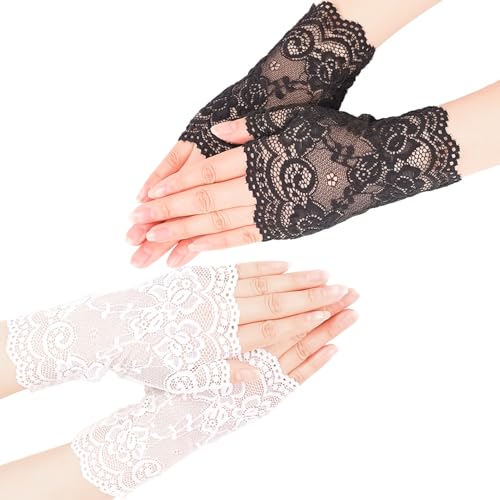 2 Paires Gants Dentelle,Gants Sans Doigts Mitaines Femme Pour Mariage,Communion & Fêtes (Noir/Blanc) Multifonctionnels Style Lolita Accessoires,Respirant &...