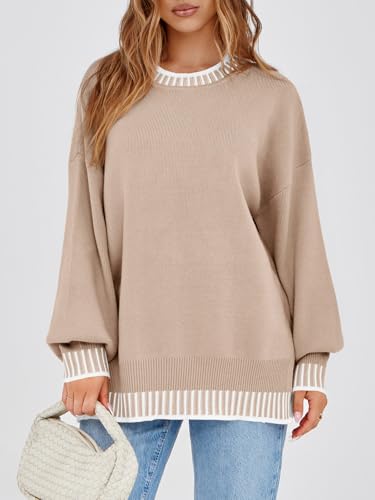 Saodimallsu Womens Oversized Sweaters Crewneck Color Block Winter Sweater Lantern Sleeve Side Slit Knit Pullover Tops2