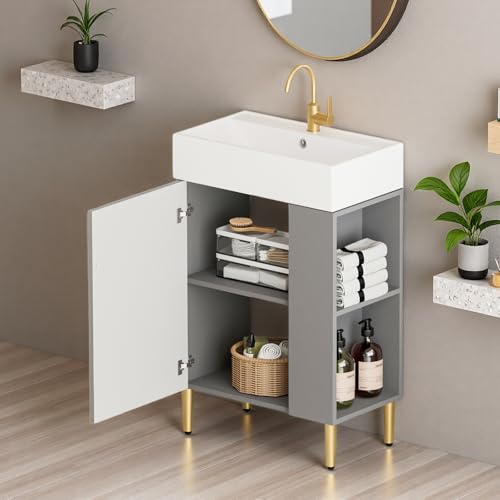 Image of 21.6 inch Freestanding Bathroom Vanity with Ceramic Sink, Matte Gray