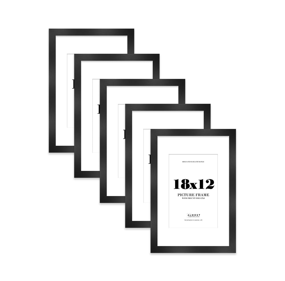 18x12 Black Frame With Mount for 12x8 Pictures 28mm Edge Portrait and Landscape Display with Wall Hooks, 5 Pack