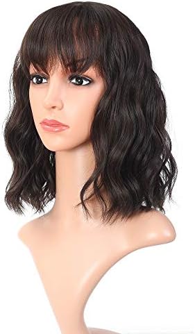 Vroosar Natural Brown Wavy Wig Short Fluffy Bob Curly Wig With Bangs Synthetic Heat Resistant Fashion Hairstyles For Women Cosplay Party Wig-12" ,Natural Brown
