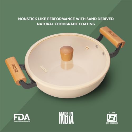 Image of Alda Ceramico 28cm Deep Wok with Glass Lid | Non-Stick Ceramic Kadhai with Dual Wooden Handles | Cream Multipurpose Cooking Pan | Induction & Gas Stove Compatible Cookware