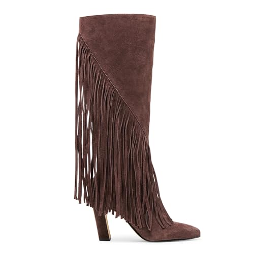 Suede Knee High Boots Women Square Toe Side Zipper Fringe Tall Boots Chunky High Heels Comfort Party Shoes