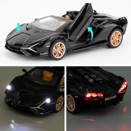 Image of 1:32 Open Lamborghini Sian Sport Diecast Metal Pullback Toy car with 6 Openable Doors & Light, Music Boys Gifts Toys for Kids (1:32 Open Lamborghini - Black)