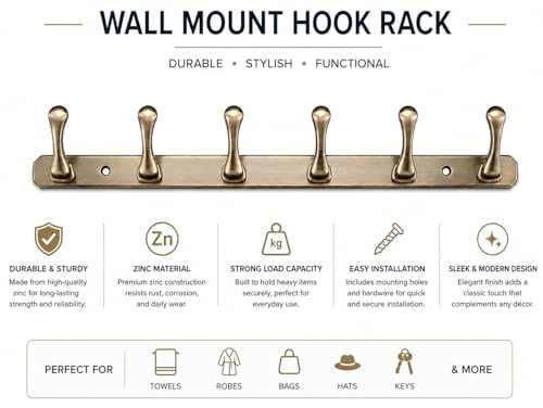 Image of ELUVIA Zinc Alloy 6 Hook Wall Hook Rail, Heavy Duty Wall Mounted Coat Hook for Clothes, Towels, Keys & Bags, Antique Brass Finish, Bathroom Kitchen Bedroom Organizer (Pack of 1)